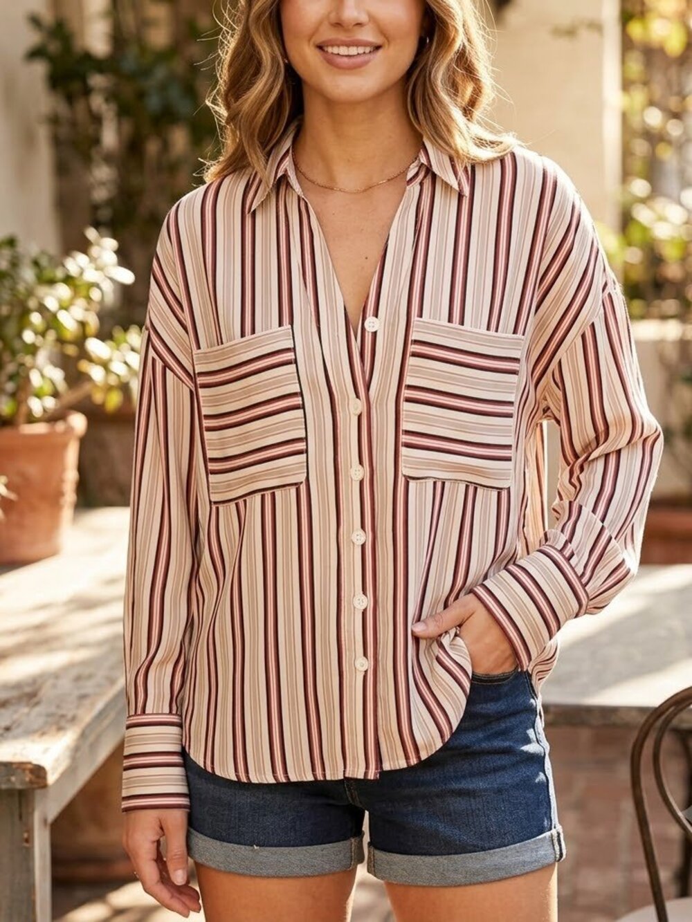 EUC FREE PEOPLE Mad About You Striped Button Down Long Sleeve Shirt